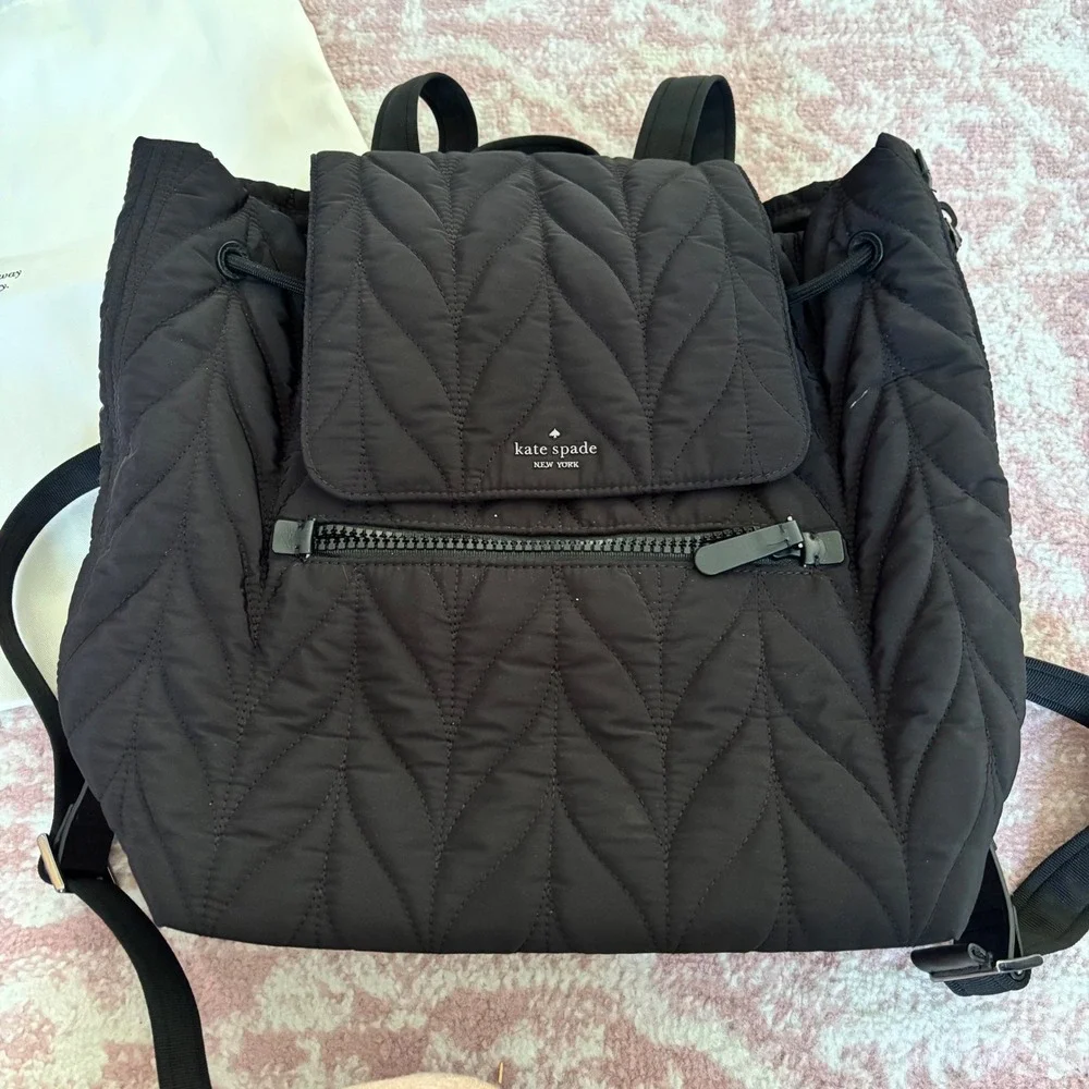 Kate Spade Chelsea Quilted Nylon Backpack Black‎ Large Chevron Flap Drawstring
